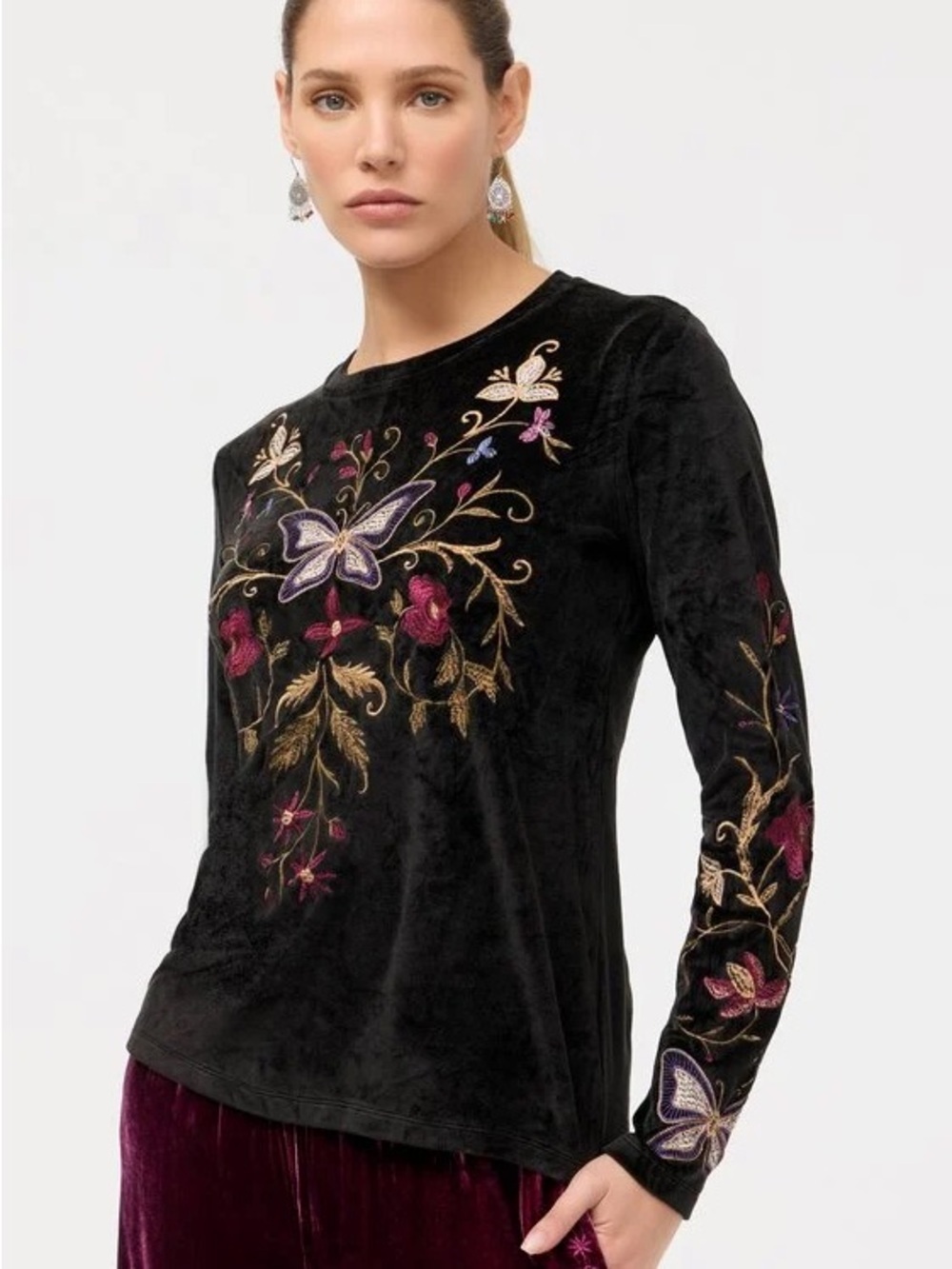 JOHNNY WAS bounce velour long sleeve top embroidered whimsigoth boho size M